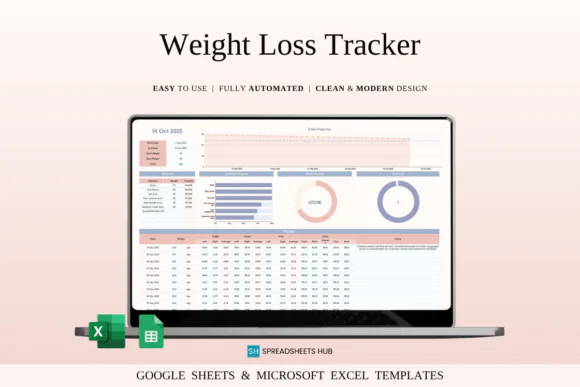 Weight Loss Tracker Spreadsheet for Google Sheets & Excel, Fitness Progress Planner, Weight Goal Tracker, Body Measurement Log, Daily Reflection Journal, Milestone Reward Planner and Automated Progres