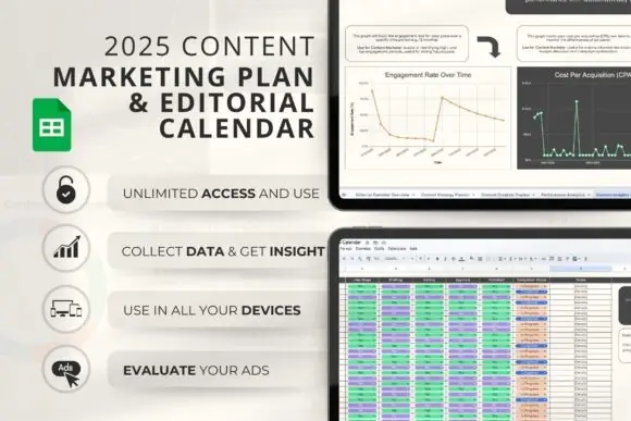 Content Marketing Plan & Editorial Calendar Google Sheets Template | 2024 Content Strategy Planner with KPI Tracker, Social Media Calendar, Blog Planner, Email Campaign Planner & Performance Dashboard