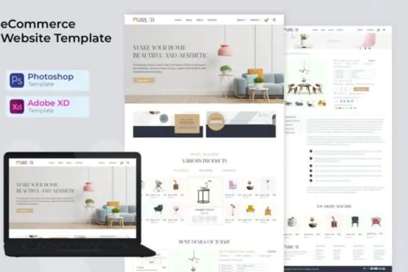 Shopify Ecommerce Website Template PSD & XD – Modern Online Store UI Design, Responsive Shopify Website Mockup, Ecommerce Web Design Kit, Fashion Store Landing Pages, UX/UI Template Bundle
