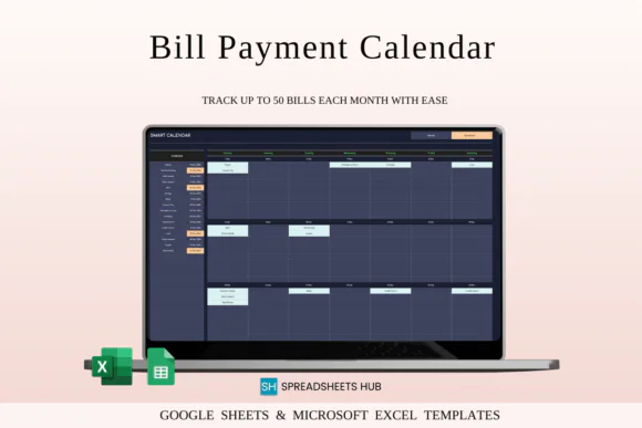 Bill Payment Calendar Template – Dark Theme Excel & Google Sheets Bill Tracker Spreadsheet, Monthly Due Date Planner, Expense Calendar, Payment Organizer, 10-Year Bill Management Dashboard