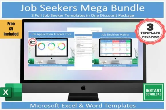 Job Seeker Mega Bundle Excel & Word – Job Application Tracker, Interview Planner, Job Decision Matrix, Career Search Dashboard, Job Offer Comparison Tool & Classic Editable CV Template