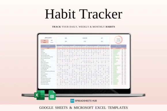 Habit Tracker Spreadsheet for Google Sheets & Excel – Daily Monthly Habit Planner, 30 Habit Checklist, Progress Dashboard, Completion Rate Tracker, Weekly Notes & Self-Improvement Routine Template