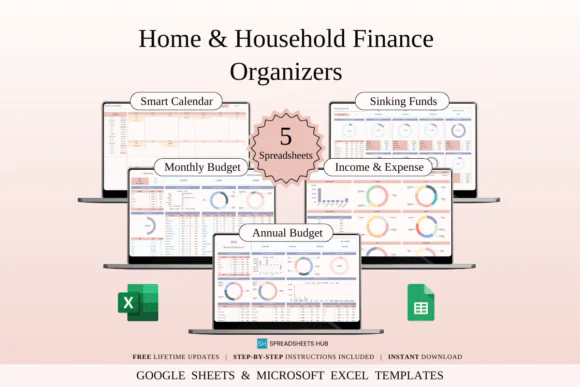 Home & Household Finance Organizers Spreadsheet Bundle – Excel & Google Sheets Household Budget Toolkit, Annual Budget Planner, Monthly Budget Sheet, Bill Payment Calendar, Income Expense Tracker & Si