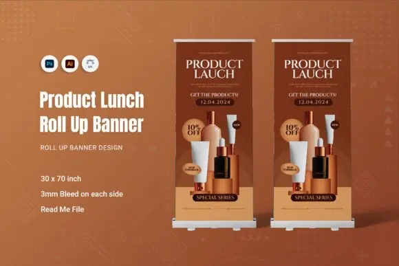 Product Launch Roll Up Banner Template – Professional 30x70 Inch Promotional Standee Design, Editable PSD AI EPS Trade Show Display, Print-Ready Marketing Banner for Business Launch Events