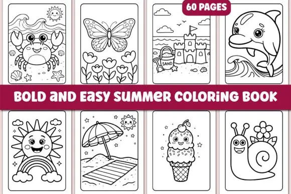 Bold and Easy Summer Coloring Book for Kids & Adults | 60+ Printable Summer Coloring Pages | KDP Interior Bundle | Cute Kawaii Summer Designs | PDF PNG JPG Files