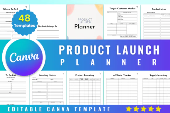 Editable Product Launch Planner Canva Template – 48-Page Printable KDP Business Planner, Product Research Workbook, SEO Checklist, Campaign Manager, Pricing Planner & 8.5x11 Digital Launch Planner
