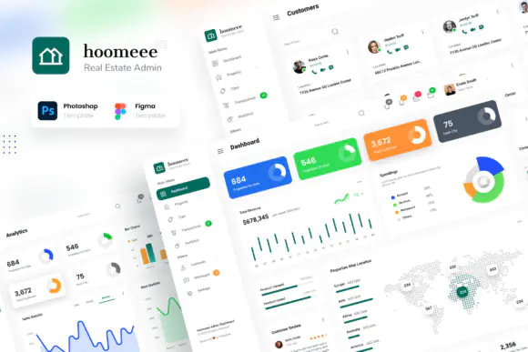 Hoomeee Real Estate Admin Dashboard UI Kit – Modern Property Management CRM Panel, Analytics Dashboard, Real Estate Marketplace Admin Template, Light & Dark Mode Figma & PSD Design System