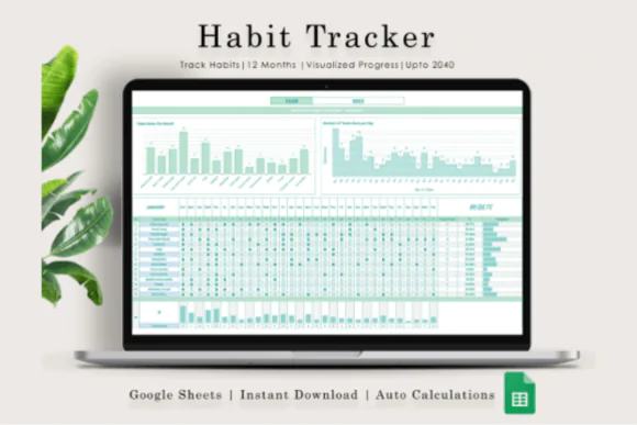 Habit Tracker Spreadsheet for Google Sheets, Daily Weekly Monthly Habit Planner, Goal Tracker, Routine Tracker, Progress Charts, 12 Monthly Templates, Digital Productivity Planner for Personal Growth