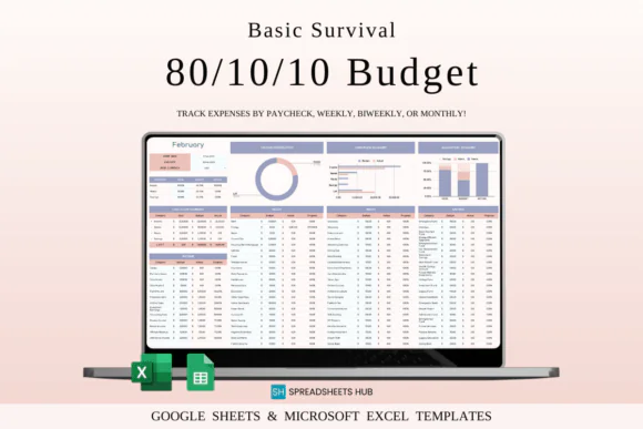 80/10/10 Budget Spreadsheet Template for Excel & Google Sheets, Basic Survival Budget Planner, Needs Wants Savings Tracker, Minimalist Money Planner, Tight Income Budget Organizer and Simple Finance T