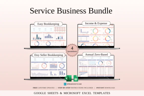 Service Business Bundle – 16 Spreadsheet Templates for Excel & Google Sheets, Etsy Bookkeeping, Simple Business Bookkeeping, Freelancer Income Expense Tracker, Annual Zero-Based Budget Planner & Servi
