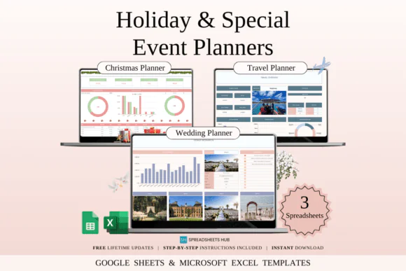 Holiday and Special Event Planners Bundle – Excel & Google Sheets Christmas Planner, Wedding Planner, Travel Planner, Event Budget Tracker, Gift Organizer, Guest List, Itinerary & Celebration Planning