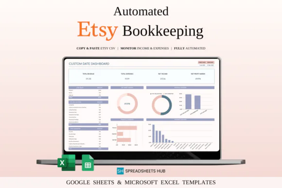 Automated Bookkeeping Spreadsheet for Etsy Sellers – Excel & Google Sheets Etsy Income Expense Tracker, CSV Import Accounting Template, Profit Dashboard, P&L Report, Marketing Hub & 5-Year Business An