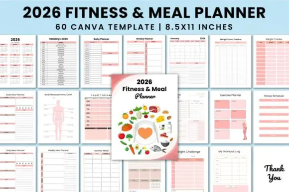 2026 Fitness & Meal Planner for KDP, Editable Canva Health Planner Interior, Workout Log, Weight Loss Tracker, Meal Planner, Grocery List, Calorie Tracker, 12 Week Challenge, Printable PDF PNG JPG