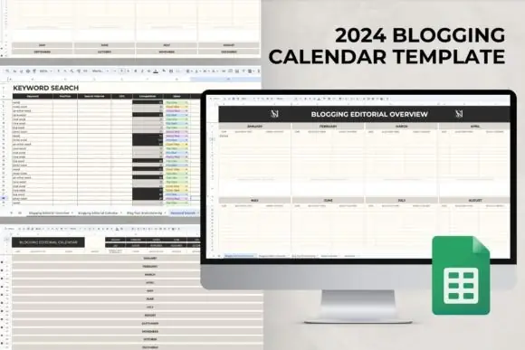 Blog Content Calendar Google Sheet | 2024 Blogging Editorial Planner Spreadsheet | SEO Blog Post Planner with Keyword Research, Monthly Calendar, Idea Tracker & Content Schedule