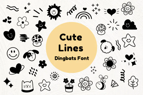 Cute Lines Dingbat Font | Friendly Decorative Line Art Typeface for Stickers, Planners, Greeting Cards, Social Media Posts, Stationery, Kids Designs & Creative Crafts