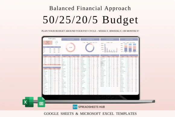 50/25/20/5 Budget Spreadsheet Template, Balanced Financial Approach Planner, Google Sheets & Excel Personal Finance Tracker, Needs Wants Savings and Debt Repayment Budget Worksheet