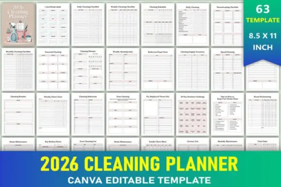 Editable 2026 Cleaning Planner Canva Template, Printable Home Cleaning Schedule, KDP Cleaning Planner Interior, Daily Weekly Monthly Cleaning Checklist, Deep Cleaning Planner, Declutter Challenge, Cho