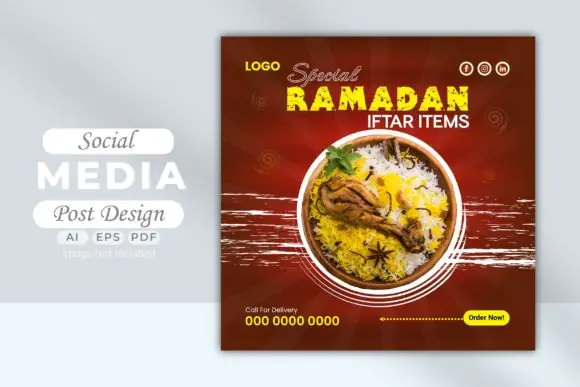 Ramadan Food Sale Social Media Post Template, Editable Restaurant Promotion Banner, Iftar Food Offer Design, Adobe Illustrator EPS Marketing Post
