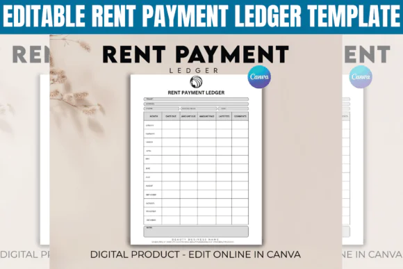 Editable Rent Payment Ledger Template – Monthly Rent Payment Tracker, Landlord Rental Sheet, Canva Rent Ledger, Invoice & Receipt Templates, Printable Rental Business Organizer