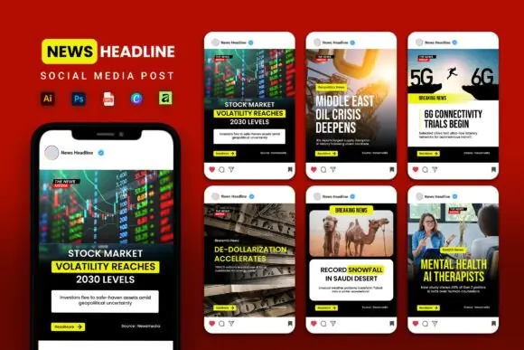 News Headline Social Media Post Templates, Breaking News Canva Templates, 6 Editable Instagram News Graphics, Digital Journalism Post Design Kit