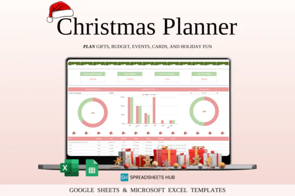 Christmas Planner Spreadsheet for Excel & Google Sheets – Holiday Budget Planner, Christmas Gift Tracker, Shopping List Organizer, Transaction Tracker, Task Manager, Cards Planner & Festive Preparatio