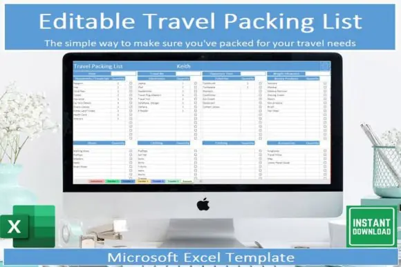 Editable Travel Packing List Template for Microsoft Excel – Vacation Packing Checklist, Holiday Travel Planner, Cruise Packing List, Family Trip Organizer, Wedding Travel Checklist, College Packing Pl