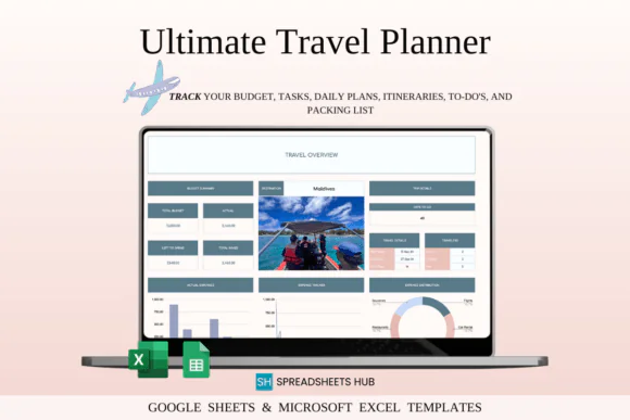 Ultimate Travel Planner Spreadsheet – Excel & Google Sheets Trip Planner, Travel Budget Tracker, Itinerary Organizer, Daily Planner, Packing List, Task Checklist & Vacation Planning Dashboard