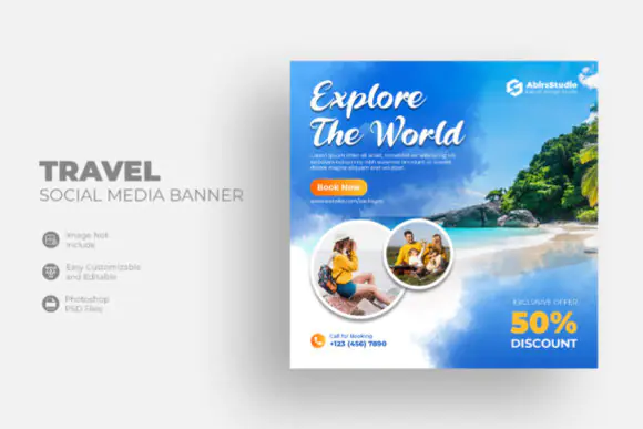 Travel Agency Social Media Post Template, Editable Photoshop Travel Banner Design, Vacation Promo Instagram Post, Tourism Marketing Flyer PSD