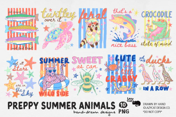Preppy Summer Animals PNG Bundle, Cute Beach Animal Clipart, Trendy Pastel Summer Sublimation Designs, Aesthetic Animal Graphics Set for Crafts & DIY