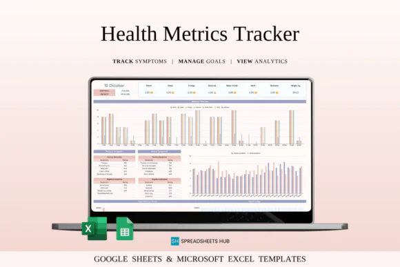Health Metrics Tracker Spreadsheet Template – Excel & Google Sheets Wellness Dashboard, Daily Mood Sleep Energy Exercise Hydration Tracker, Symptom Log, Self-Care Planner, Monthly Summary & Yearly Hea