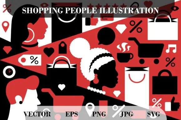 Shopping Diverse People Concept Vector Illustration | Men and Women Choosing Gifts & Sale Purchases in Black, Red and White Style with EPS, SVG, PNG & JPG Files for Banners, Posters, Web, Print & Reta