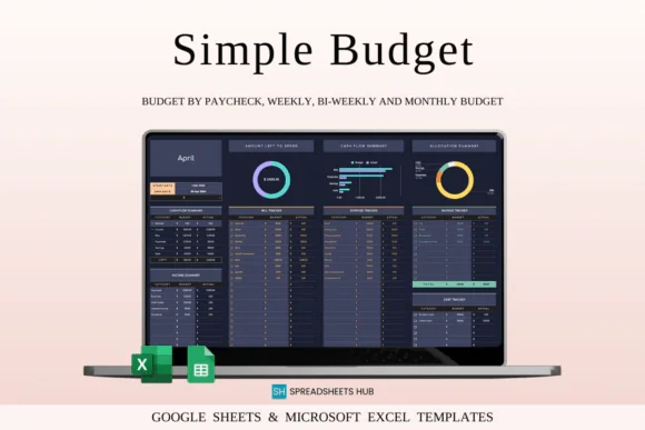 Dark Theme Budget Planner Template for Google Sheets & Excel – Monthly Weekly Biweekly Finance Tracker, Income Expense Organizer, Bill Debt Savings Checklist, Spending Graphs & Goal Tracker