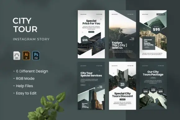 City Tour Instagram Story Templates – 6 Editable Urban Travel Story Designs, City Exploration Social Media Graphics, Lifestyle & Fashion Instagram Stories, AI EPS PSD Templates for Travel Agencies, Bl