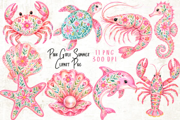 Pink Girly Summer Clipart PNG Bundle, Cute Pastel Beach Aesthetic Graphics, Feminine Tropical Sublimation Designs, Kawaii Summer Illustration Set for Scrapbooking & Junk Journal