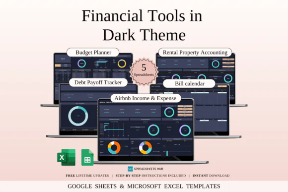 Financial Tools Bundle for Excel & Google Sheets – Dark Theme Finance Spreadsheet Templates, Debt Tracker, Bill Calendar, Airbnb Income Expense Tracker, Rental Property Finance Tracker & Monthly Budge