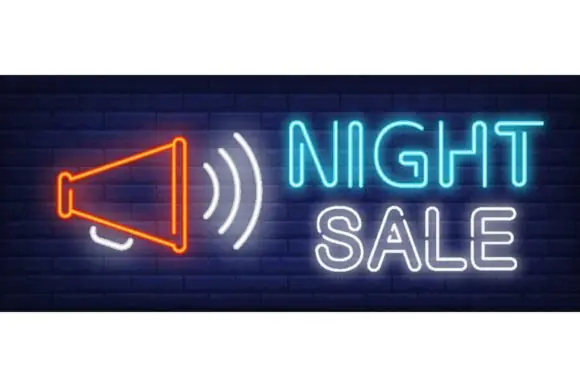 Night Sale Neon Text with Loudspeaker Vector Illustration | Bright Neon Shopping Announcement Graphic for Advertisements, Billboards, Light Banners, Website Promotions, Social Media Ads & Retail Marke