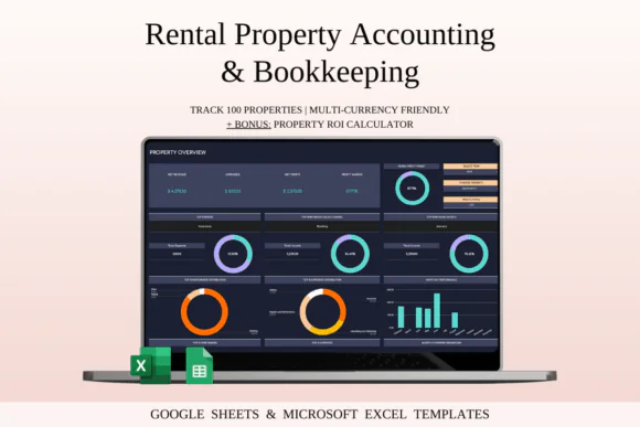 Rental Property Accounting & Bookkeeping Spreadsheet – Dark Theme Excel & Google Sheets Rental Income Expense Tracker, Airbnb Landlord Property Dashboard, ROI Calculator, Tax Report, 5-Year Forecast &