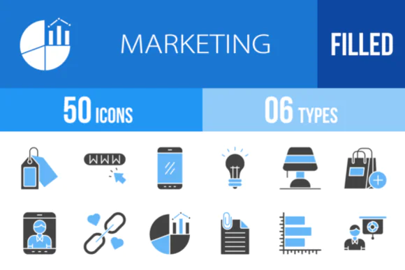 50 Marketing Blue & Black Icons Bundle | Editable Vector Business, Analytics, Sales, Advertising & Digital Marketing Icon Set with AI, CDR, EPS, JPG, PNG & SVG Files for Apps, Websites, Print, Present