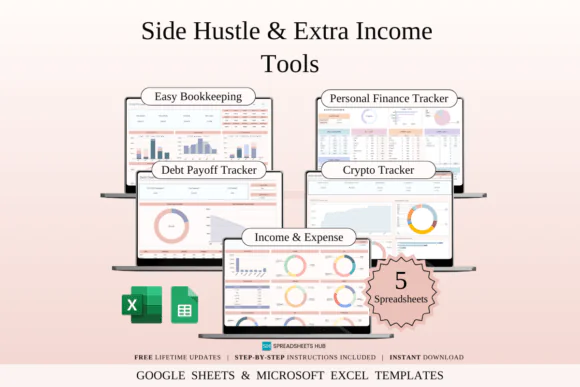Side Hustle & Extra Income Tools Spreadsheet Bundle – Excel & Google Sheets Templates, Income Expense Tracker, Crypto Portfolio Tracker, Debt Payoff Planner, Small Business Bookkeeping & Personal Fina