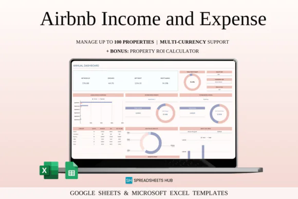 Airbnb Income & Expense Spreadsheet – Short-Term Rental Finance Tracker for Hosts & Property Managers, Multi-Property Dashboard, ROI Calculator, Tax Report, 5-Year Forecast & Booking Platform Expense