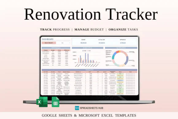 Renovation Tracker Spreadsheet Template, Home Remodel Project Planner, Google Sheets & Excel Renovation Budget Tracker, Contractor Vendor Organizer, Expense Timeline and Task Management Tool