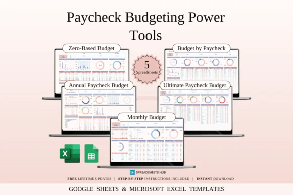 Paycheck Budgeting Power Tools Spreadsheet Bundle – Excel & Google Sheets Paycheck Budget Planner, Annual Paycheck Overview, Zero-Based Budget Template, Monthly Budget Tracker & Personal Finance Toolk