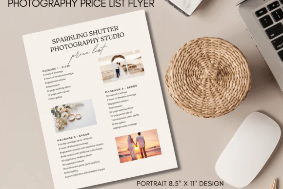 Wedding Photography Price List Template for Canva, Editable One-Page Photography Pricing Guide, Portrait 8.5x11 Client Price Sheet, Elegant Photo Package Menu