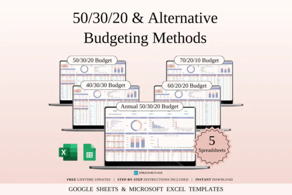 50/30/20 & Alternative Budgeting Methods Bundle – Excel and Google Sheets Percentage Budget Templates, Annual Budget Planner, Monthly Budget Tracker, 40/30/30, 70/20/10 and 60/20/20 Finance Spreadshee