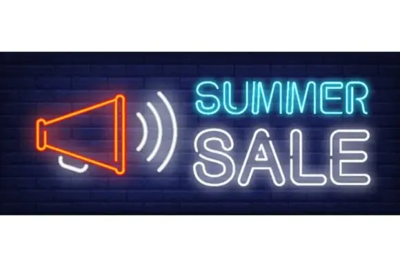 Summer Sale Neon Text with Megaphone Vector Illustration | Bright Neon Shopping Announcement Graphic for Advertising, Billboards, Light Banners, Website Promotions, Social Media Ads & Retail Marketing
