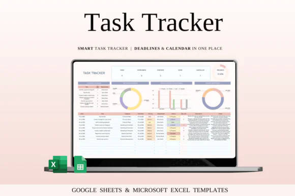 Task Tracker Template Spreadsheet for Google Sheets & Excel, Project Task Manager, Deadline Tracker, Team Productivity Planner, Task Dashboard, Smart Calendar, Priority Tracker, Work Progress Organize