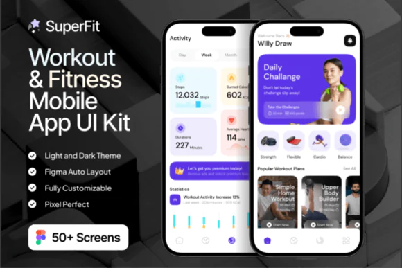 SuperFit Workout & Fitness Mobile App UI Kit – 50+ Premium Figma Screens, Dark & Light Mode, Health Tracking, Gym Training, Exercise Planner & Wellness App Design System