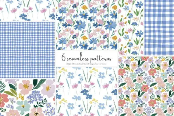 Spring Meadow Floral Seamless Pattern Bundle – Cottagecore Wildflower Digital Papers, Blue Pink Floral Prints, Gingham Scrapbook Backgrounds for Fabric, Sublimation & DIY Crafts