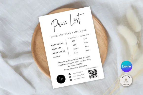 Editable Permanent Jewelry Price List Template for Canva, Printable 5x7 Jewelry Pricing Card, Custom Permanent Bracelet Service Menu, Small Business Digital Download