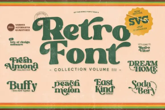 Retro Groovy Font Bundle | 7 Funky 60s 70s Display Fonts for Logos, Branding, Posters, T-Shirts, Stickers, Canva, Cricut & Vintage Designs